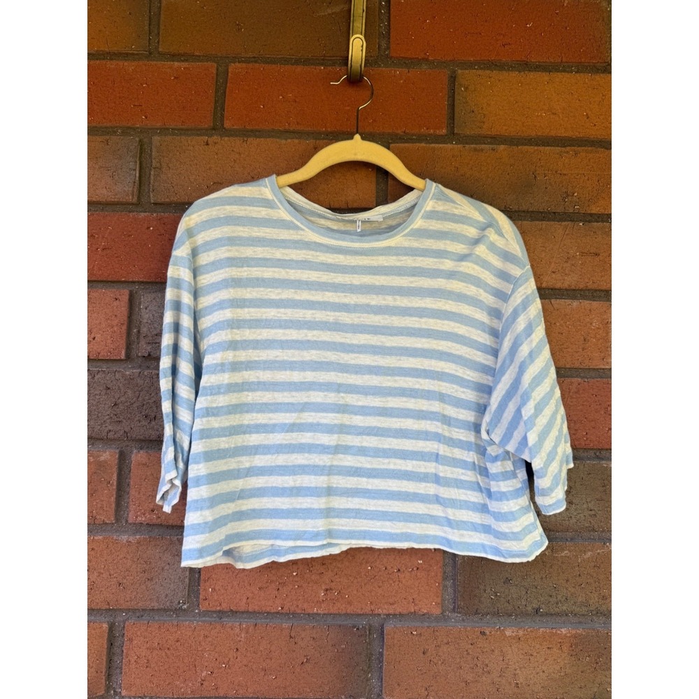 Frame Cropped Linen Shirt Short Sleeve Striped T | White Blue | Womens Size XS